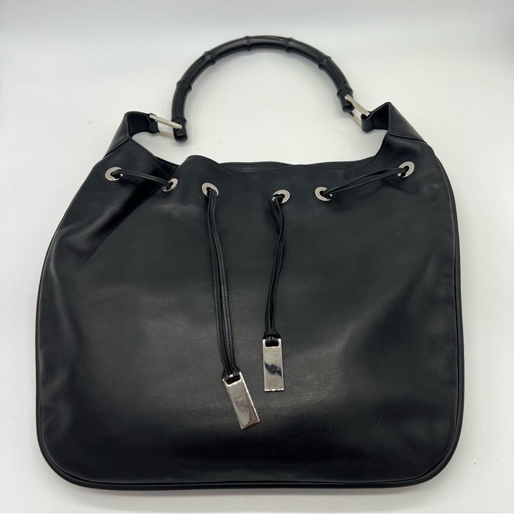 GUCCI GG Black Drawstring Bamboo Leather Shoulder Bag Purse